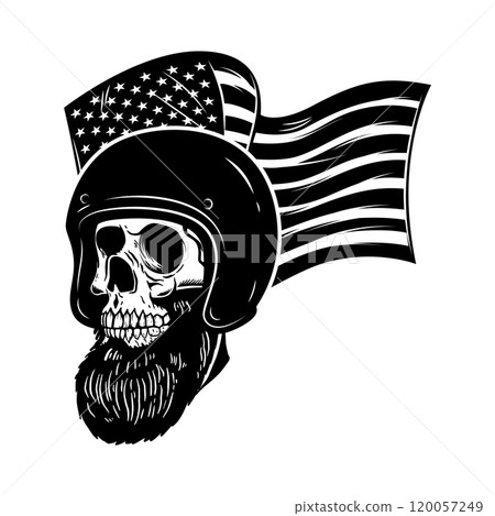 Racer skull on usa flag background. Biker skull. Design element for poster, card, banner, sign. Vector illustration 120057249