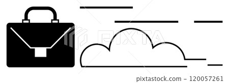Black briefcase next to a cloud with lines implying movement. Ideal for cloud storage, business solutions, digital transformation, corporate strategy, remote work. Minimalist, clean, modern 120057261