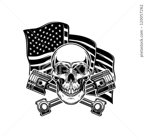 Illustration of skull with crossed pistons on american flag background. Design element for poster, card, banner, sign, emblem. Vector illustration 120057262