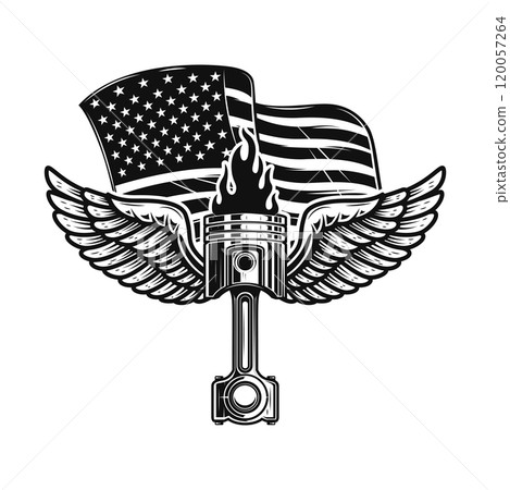 Illustration of winged piston on american flag background. Design element for poster, card, banner, sign, emblem. Vector illustration Illustration of winged piston on american flag background. Design element for poster, card, banner, sign, emblem. Vector illustration 120057264