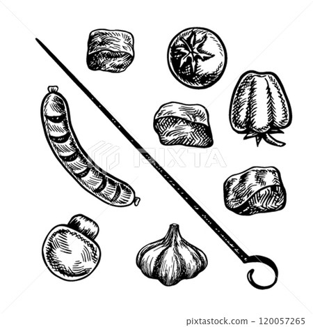 A set of meat and vegetables for barbecue and picnic. Vector graphics with images of fried meat and vegetables. Black and white hand-drawn illustration. On a white background. 120057265