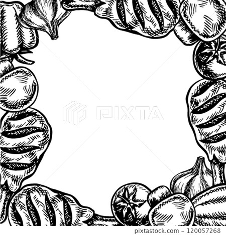 Frame with fried chicken legs and vegetables. Vector graphics with the image of chicken legs cooked on the grill. Hand-drawn black and white illustration. For a culinary recipe, menu, label, packaging Frame with fried chicken legs and vegetables. Vector graphics with the image of chicken legs cooked on the grill. Hand-drawn black and white illustration. For a culinary recipe, menu, label, packaging 120057268