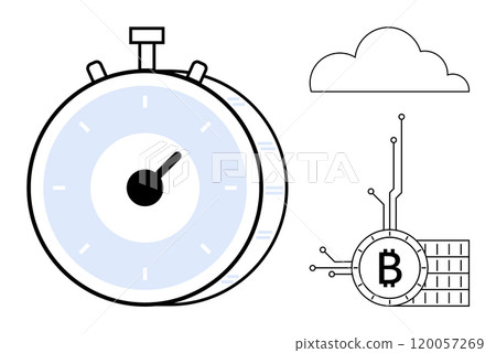 Large stopwatch, Bitcoin symbol with technical circuits, and a cloud symbol. Ideal for cryptocurrency, blockchain technology, time management, cloud computing, and fintech concepts. Minimalist 120057269