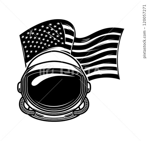 Astronaut helmet on usa flag background. Design element for poster, card, banner, design. Vector illustration Astronaut helmet on usa flag background. Design element for poster, card, banner, design. Vector illustration 120057271