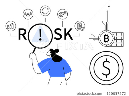 Person holding magnifying glass looking at word risk with five icons related to statistics, social groups, analytics, technology, and documentation. Includes Bitcoin symbol and currency sign. Ideal 120057272