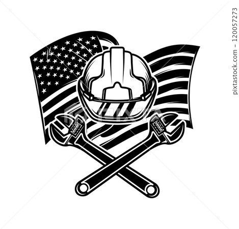 Illustration of workers helmet with crossed wrenches on american flag background. Design element for poster, card, banner, sign, emblem. Vector illustration 120057273
