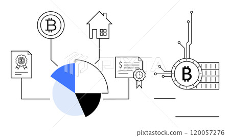 A Bitcoin symbol connected to a pie chart represents asset distribution. Accompanying elements include a house, certificates, and circuitry. Ideal for fintech, cryptocurrency, blockchain, data 120057276