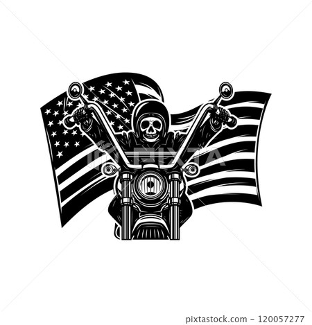 Illustration of skull skeleton on motorcycle on american flag background. Design element for poster, card, banner, sign, emblem. Vector illustration 120057277