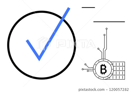 Large blue checkmark inside black circle connected to a Bitcoin symbol on electronic circuit background. Ideal for blockchain technology, cryptocurrency security, digital transactions, data Large blue checkmark inside black circle connected to a Bitcoin symbol on electronic circuit background. Ideal for blockchain technology, cryptocurrency security, digital transactions, data 120057282
