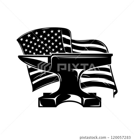 Illustration of blacksmith anvil on american flag background. Design element for poster, card, banner, sign, emblem. Vector illustration 120057283