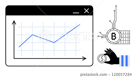 Graph with an upward trend line, Bitcoin symbol, hand holding a coin. Ideal for finance, cryptocurrency, stock market, growth analysis, economic trends. Clean and modern style Graph with an upward trend line, Bitcoin symbol, hand holding a coin. Ideal for finance, cryptocurrency, stock market, growth analysis, economic trends. Clean and modern style 120057284