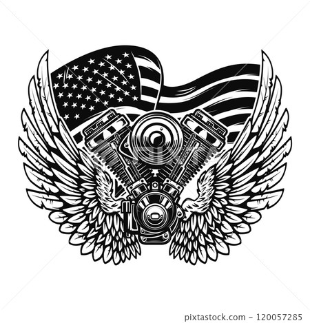 Illustration of twin engine with wings on american flag background. Design element for poster, card, banner, sign, emblem. Vector illustration Illustration of twin engine with wings on american flag background. Design element for poster, card, banner, sign, emblem. Vector illustration 120057285
