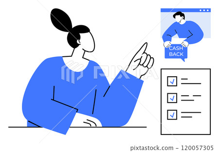 Woman in blue pointing at online cashback notification. Checklist with completed tasks nearby. Ideal for finance, rewards, online shopping, cashback programs, digital transactions. Clean minimalistic Woman in blue pointing at online cashback notification. Checklist with completed tasks nearby. Ideal for finance, rewards, online shopping, cashback programs, digital transactions. Clean minimalistic 120057305