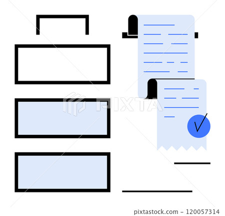 A simple, modern design featuring a filing cabinet with three drawers and two documents with a blue checkmark on a clipboard. Ideal for themes of office work, document management, organization, task 120057314