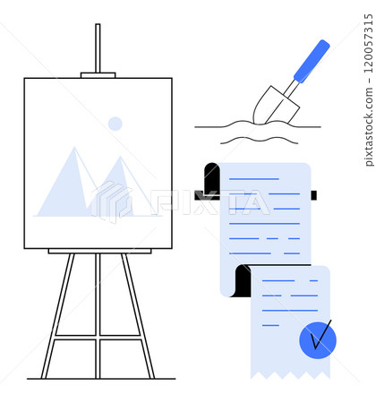 Easel with a canvas showing minimalist mountains, a scroll with text and checkmark, and a trowel digging soil. Ideal for art, creativity, education, gardening, and planning themes. Simple clean style 120057315