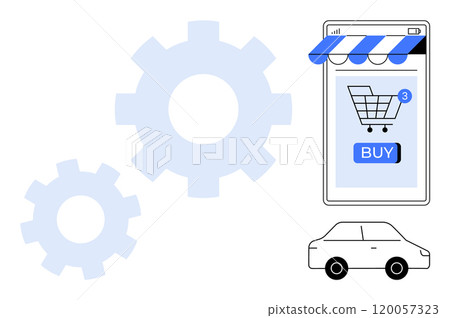 A smartphone screen showcasing a shopping cart with 3 notifications and a Buy button under an awning. Nearby are two blue gears symbolizing automation and a simple car outline. Ideal for e-commerce A smartphone screen showcasing a shopping cart with 3 notifications and a Buy button under an awning. Nearby are two blue gears symbolizing automation and a simple car outline. Ideal for e-commerce 120057323