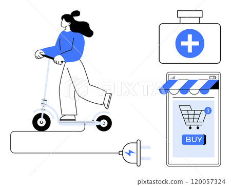 Woman riding an electric scooter beside online shopping cart and healthcare symbol. Ideal for sustainable transport technology online shopping healthcare and eco-friendly products. Simplistic modern Woman riding an electric scooter beside online shopping cart and healthcare symbol. Ideal for sustainable transport technology online shopping healthcare and eco-friendly products. Simplistic modern 120057324