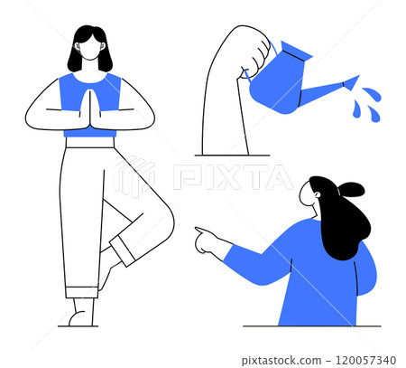 Woman stands in a yoga pose with hands together in a meditative stance with other elements showing a hand pouring water from a watering can and person raising a finger. Ideal for wellness 120057340