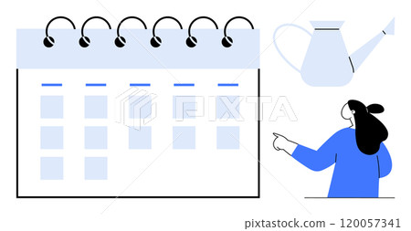 A large calendar with blank squares and a woman pointing towards it. A watering can is floating above the woman. Ideal for productivity, planning, scheduling, organization, growth. Minimalist, vector 120057341