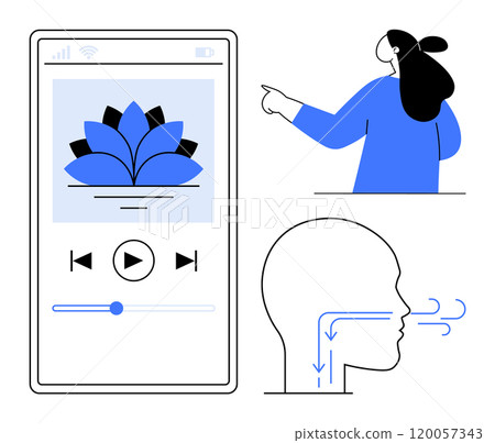 App interface with a flower logo and audio controls. Woman pointing to the right. Breathing diagram demonstrating airflow. Ideal for mindfulness, meditation, relaxation, breathing exercises App interface with a flower logo and audio controls. Woman pointing to the right. Breathing diagram demonstrating airflow. Ideal for mindfulness, meditation, relaxation, breathing exercises 120057343
