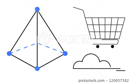 Geometric structure with blue dots and lines, alongside a minimalistic shopping cart and cloud. Ideal for education, business, technology, shopping, and data visualization. Simple and clean vector 120057382