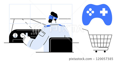 Man wearing VR headset controlling machine with game controller and shopping cart icons. Ideal for gaming, virtual reality, technology, online shopping, and automation. Modern and minimalist style 120057385