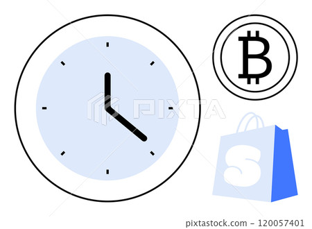 Large black and white clock with black hands, a Bitcoin icon and a blue shopping bag with white letter S. Ideal for time management, cryptocurrency, e-commerce, financial planning, and scheduling 120057401
