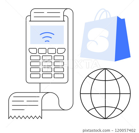 Card reader with paper receipt, shopping bag, and globe. Ideal for digital payment, retail, shopping, e-commerce, and global transactions. Clean lines and simple colours convey modern and efficient 120057402