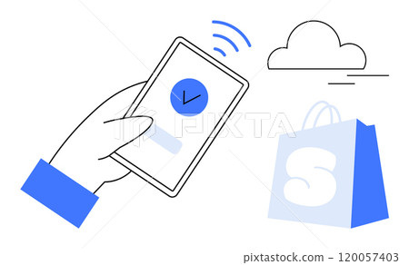 A hand holding a smartphone with a checkmark symbol, a cloud icon in the background, and a shopping bag. Ideal for themes of online shopping, digital transactions, cloud storage, e-commerce 120057403