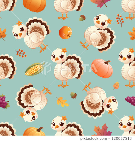 Charming seamless Thanksgiving pattern featuring cute cartoon turkeys, pumpkins, corn, apples, and autumn leaves Charming seamless Thanksgiving pattern featuring cute cartoon turkeys, pumpkins, corn, apples, and autumn leaves 120057513