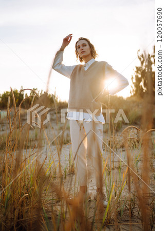 Portrait of elegant, luxury woman posing in nature. People, lifestyle, relaxation concept. 120057690