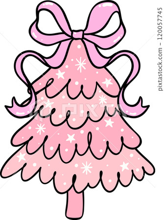 Preppy Coquette Pink Christmas Tree with ribbon bow doodle lined pastel 120057745