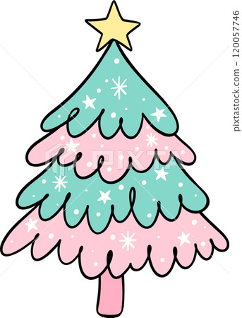 Preppy Coquette Christmas Tree doodle lined mint green and pink pastel 120057746
