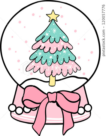 Preppy Coquette Christmas Snow Globe with pine tree doodle lined pastel 120057776