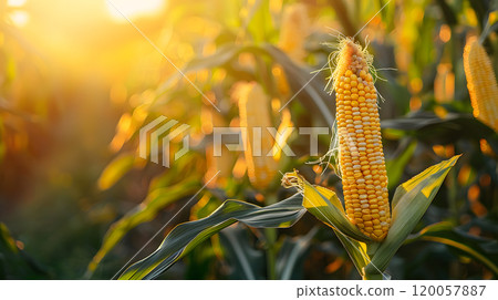 Golden Cornfield at Sunset with Sun flare 120057887