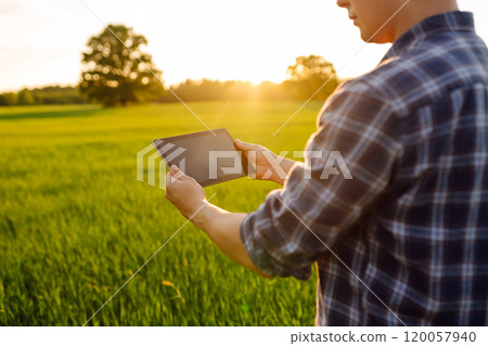Close-up of the hands of a young farmer with a digital tablet Bountiful harvest. Farm concept. 120057940