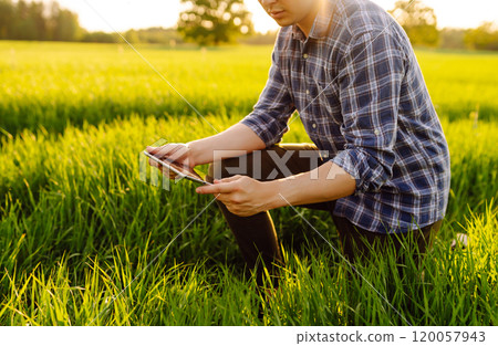 Close-up of the hands of a young farmer with a digital tablet Bountiful harvest. Farm concept. 120057943