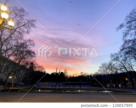 A park with a beautiful sunset and a fountain 120057995