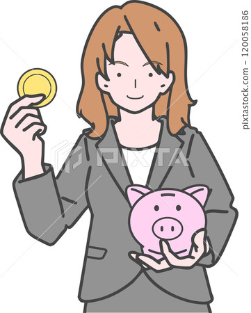 Illustration of a businesswoman saving money in a piggy bank 120058186
