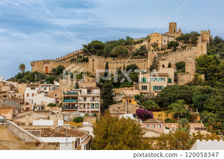The Castle of Capdepra on the hill above the small town of Capdepera, Mallorca, Majorca, Balearic Islands, Spain, Europe 120058347