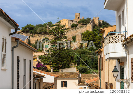 The Castle of Capdepra on the hill above the small town of Capdepera, Mallorca, Majorca, Balearic Islands, Spain, Europe 120058352
