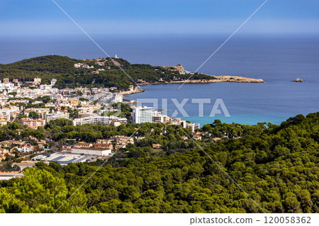 Panoramic view to the seaside resorts Cala Rajada and Son Moll, district of the town of Capdepera, Mallorca, Majorca, Balearic Islands, Spain, Europe Panoramic view to the seaside resorts Cala Rajada and Son Moll, district of the town of Capdepera, Mallorca, Majorca, Balearic Islands, Spain, Europe 120058362