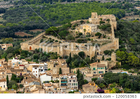 The Castle of Capdepra on the hill above the small town of Capdepera, Mallorca, Majorca, Balearic Islands, Spain, Europe 120058363