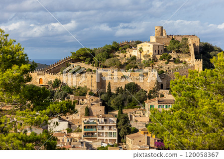 The Castle of Capdepra on the hill above the small town of Capdepera, Mallorca, Majorca, Balearic Islands, Spain, Europe 120058367
