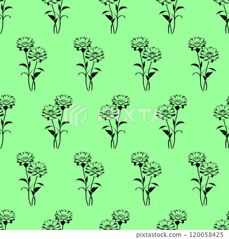 seamless symmetrical pattern of black graphic magnolia flowers on a green background, texture, design 120058425