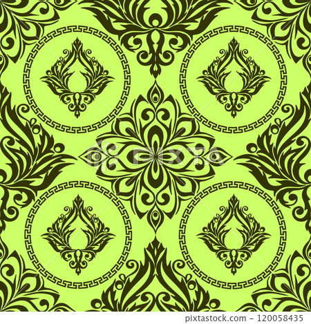 seamless graphic pattern, tile with abstract geometric olive ornament on green background, texture, design 120058435