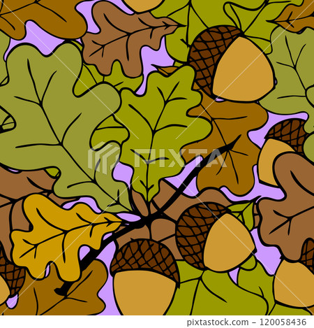 bright autumn seamless pattern of oak leaves and acorns on a purple background, texture, design 120058436