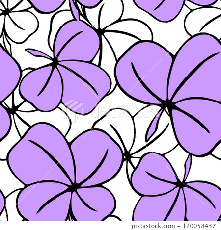 seamless asymmetrical pattern of clover leaves in purple and white tones and black contouros, design, texture seamless asymmetrical pattern of clover leaves in purple and white tones and black contouros, design, texture 120058437
