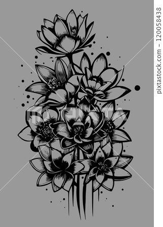 black graphic drawing of a bouquet of flowers on a gray background, design, art 120058438