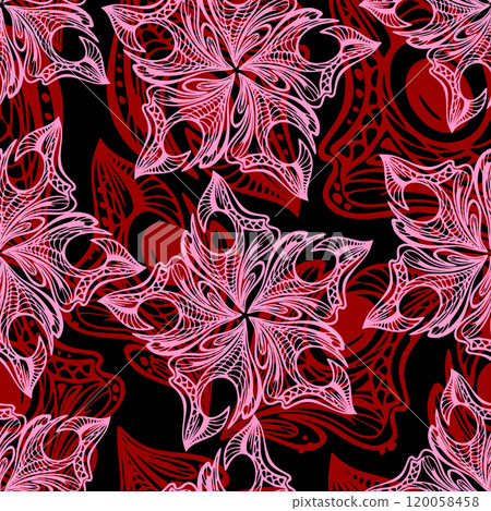 seamless pink and red pattern of abstract decorative elements on a black background, texture, design seamless pink and red pattern of abstract decorative elements on a black background, texture, design 120058458